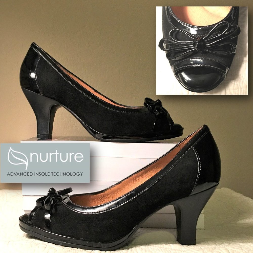 NURTURE "Sandrine" Peep Toe Patent & Suede Pumps